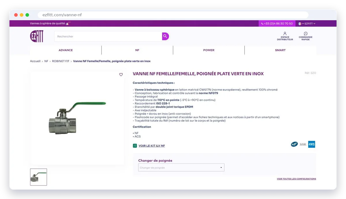 Fiche produit Ezfitt avec caractéristiques techniques