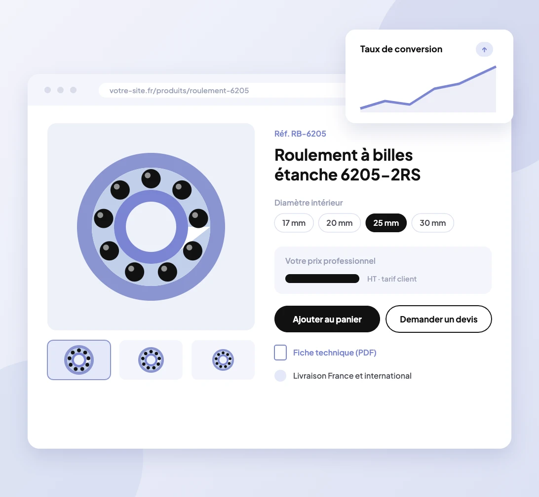 Fiche produit d’un e-commerce B2B : roulement à billes avec déclinaisons, prix professionnel, devis et fiche technique