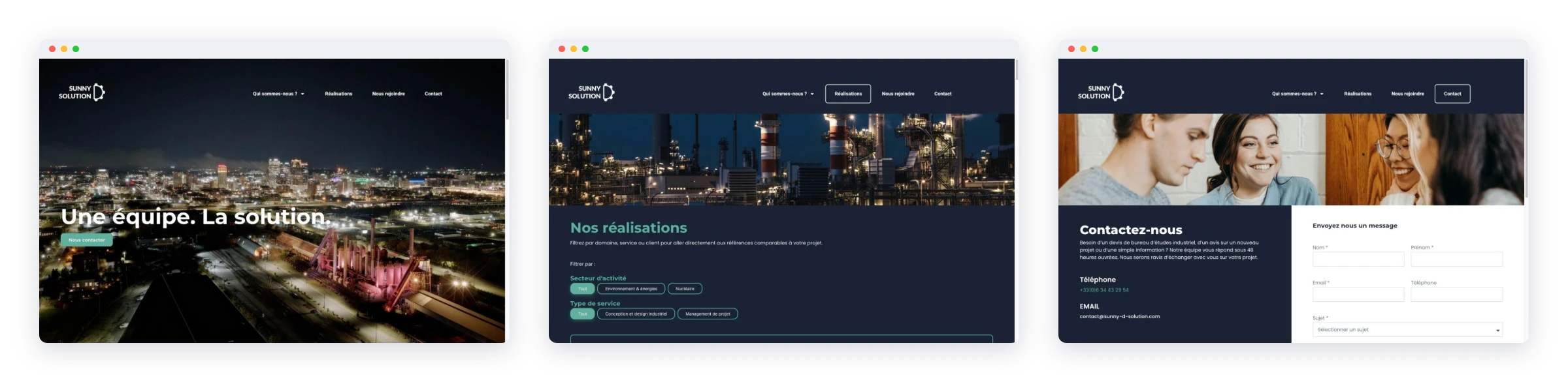 Pages Accueil, Réalisations et Contact du site en ligne de Sunny Design & Solution