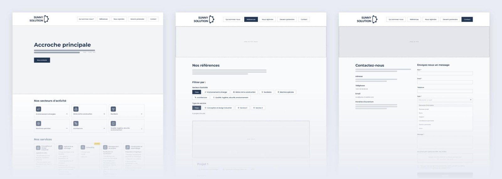 Wireframes des pages Accueil, Nos références et Contact du site Sunny Design & Solution